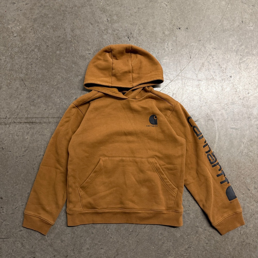 Carhartt Boys Brown Logo Graphic Sleeve Hooded Sweatshirt Size L 14-16